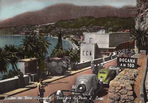 Cartolina Grimaldi Frontiera Ponte S. Luigi auto d'epoca colorata 1957 | Immagine principale