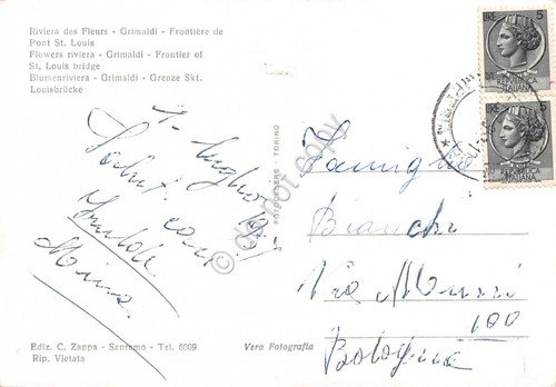 Cartolina Grimaldi Frontiera Ponte S. Luigi auto d'epoca colorata 1957