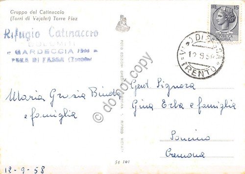 Cartolina Gruppo del Catinaccio Torre Piaz 1958
