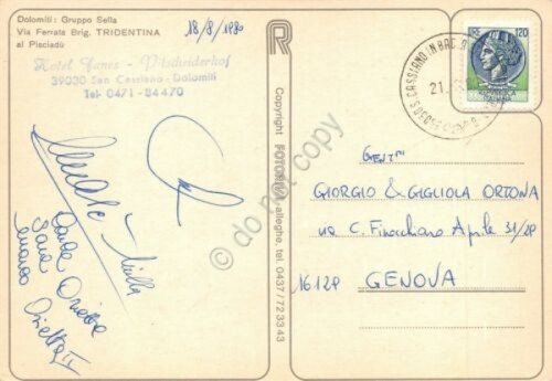 Cartolina Gruppo Sella Via Ferrata Brig. Tridentina timbro Hotel Fanes …