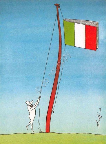Cartolina Gualtiero Schiaffino Skiaffino alzabandiera italiana a libro 1985