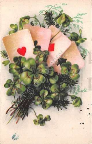 Cartolina Illustrata augurale carte da gioco quadrifoglio 1937