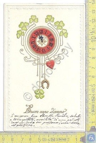Cartolina illustrata augurale in rilievo quadrifogli e pendolo - wishing … | Immagine principale