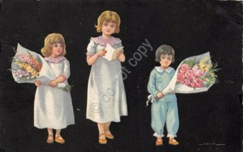 Cartolina Illustrata bambine fiori base nero firma Jack 1932 | Immagine principale