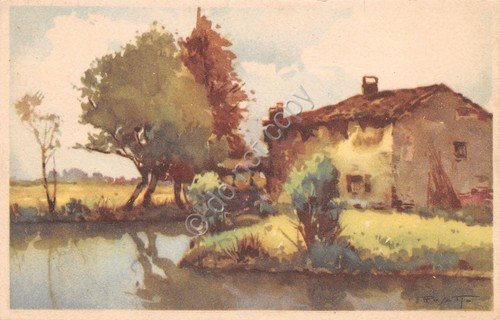 Cartolina illustrata casolare in riva al fiume 1943
