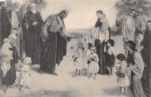 Cartolina illustrata Gesù con bambini anni '20