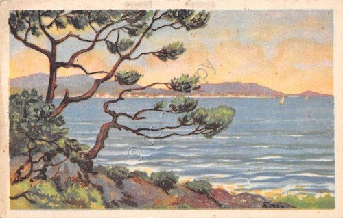 Cartolina illustrata mare costa vele litorale spedita a Monza 1934