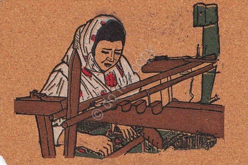 Cartolina in sughero viaggiata 1977 Donna al telaio Sardegna