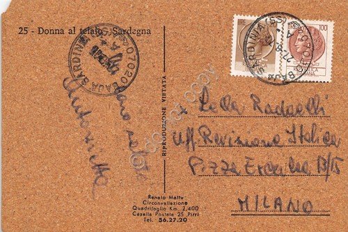 Cartolina in sughero viaggiata 1977 Donna al telaio Sardegna