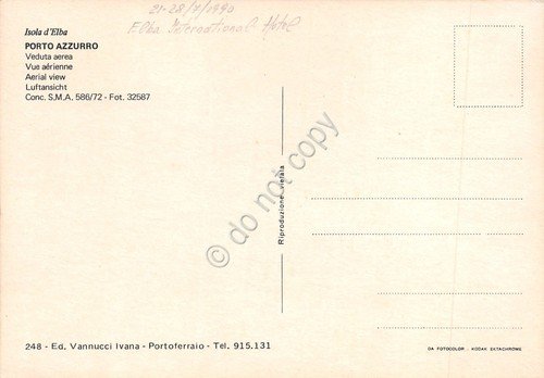 Cartolina Isola d'Elba Porto Azzurro International Hotel panorama aereo anni …