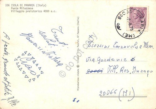 Cartolina Isola di Panarea Punta Milazzese Villaggio Preistorico 1973 (Messina)