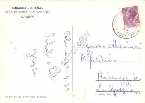 Cartolina Isola Palmaria Portovenere Locanda Lorena dal mare 1972 macchia