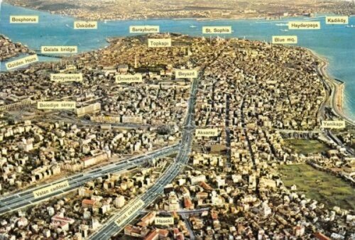 Cartolina Istanbul panorama aereo con località anni '90