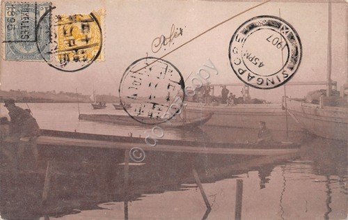 Cartolina Japan stamp Singapore Harbour boat soldiers 1907 stamps Belgie