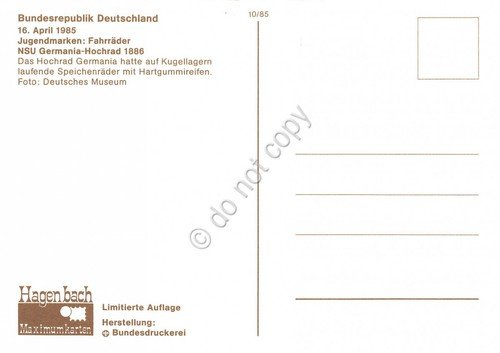 Cartolina Jugendmarken Fahrrader NSU Germania Horchr 1886 timbro filatelico 1985