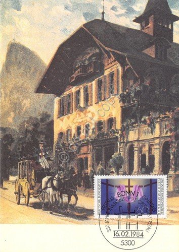 Cartolina Konigl bayer Post in Oberammergau Diligence Timbro filatelico 1984 | Immagine principale
