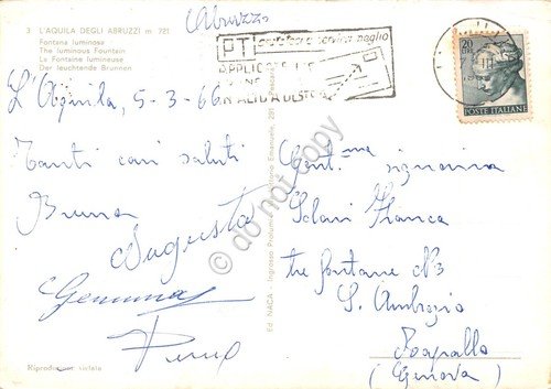 Cartolina L'Aquila Fontana luminosa 1966 Timbro PT | Immagine Gallery 2