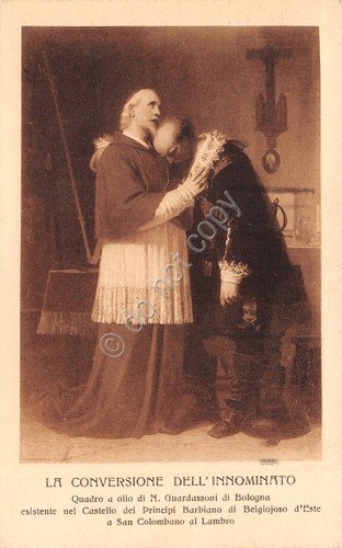 Cartolina La conversione dell'Innominato Timbro targhetta Lotteria di Tripoli 35 | Immagine principale