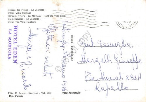 Cartolina La Mortola Villa Hanbury dettagli Timbro Hotel Eden 1956 …