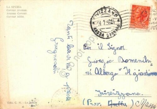 Cartolina La Spezia Corso Cavour animata auto 1956
