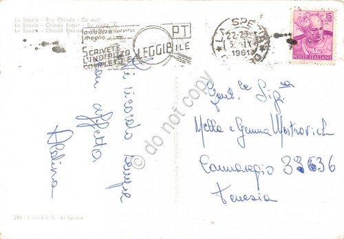 Cartolina La Spezia Via Chiodo notturno auto d'epoca timbro targhetta …