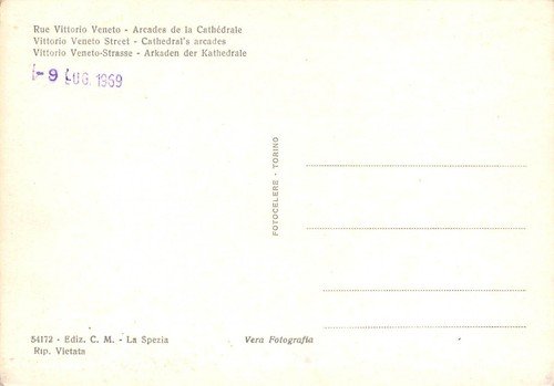 Cartolina La Spezia Via V. Veneto Portici della Cattedrale Auto …