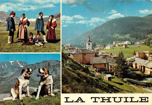 Cartolina La Thuile vedute cani abiti tradizionali 1972 (Aosta)