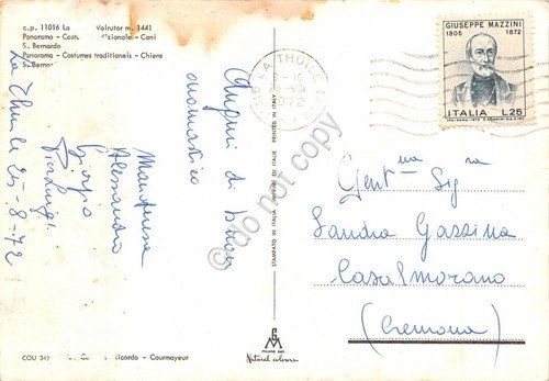 Cartolina La Thuile vedute cani abiti tradizionali 1972 (Aosta)