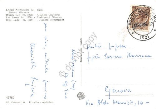 Cartolina Lago Azzurro Ristoro Gianero 1966