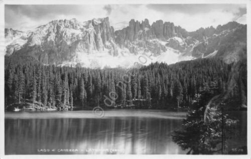 Cartolina Lago di Carezza Timbro Passo di Costalunga 1949 macchiata | Immagine principale