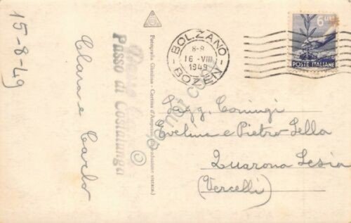 Cartolina Lago di Carezza Timbro Passo di Costalunga 1949 macchiata