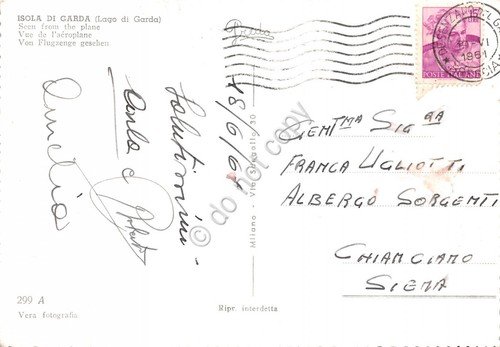 Cartolina Lago di Garda Isola di Garda panorama aereo 1961