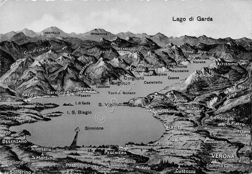 Cartolina Lago di Garda mappa del lago con località NVG