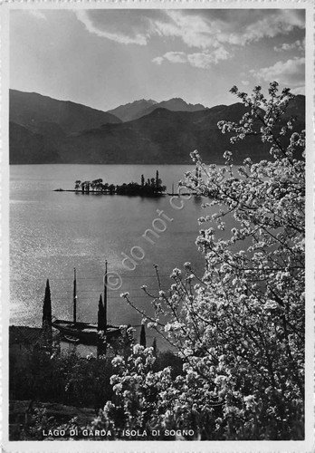 Cartolina Lago di Garda Timbro Sirmione panorama con fiori 1949 | Immagine principale