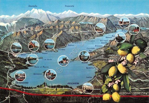 Cartolina Lago di Garda vedute varie località su mappa lago … | Immagine principale