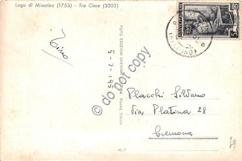 Cartolina Lago di Misurina Tre Cime 1951 (Belluno)