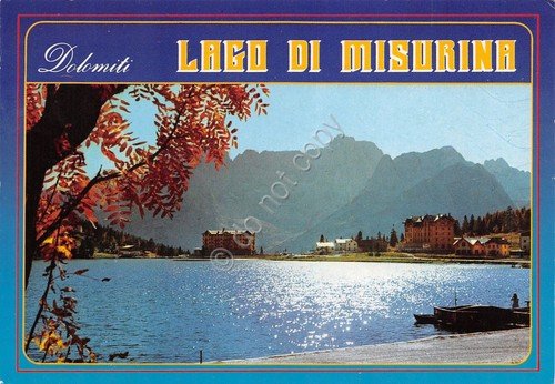 Cartolina Lago di Misurina veduta lago Sorapis case cartolina grafica