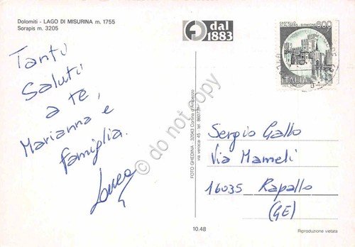 Cartolina Lago di Misurina veduta lago Sorapis case cartolina grafica