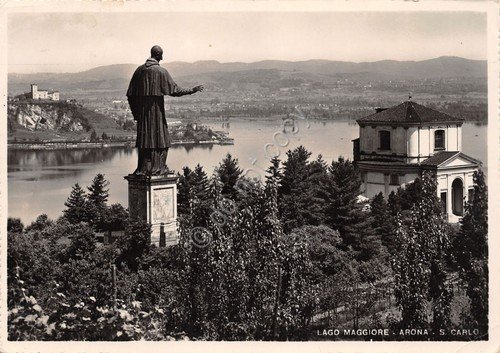 Cartolina lago Maggiore Arona panorama e statua San Carlo anni … | Immagine principale