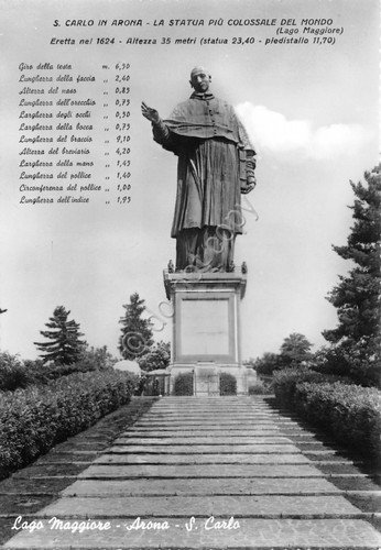Cartolina Lago Maggiore Arona statua di S. Carlo con misure