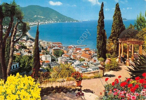 Cartolina Laigueglia Panorama dall'alto con Alassio e Gallinara 1986 (Savona)