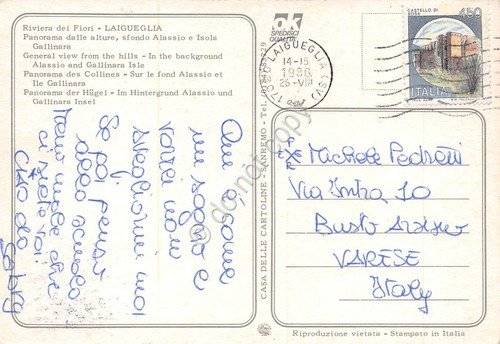 Cartolina Laigueglia Panorama dall'alto con Alassio e Gallinara 1986 (Savona)