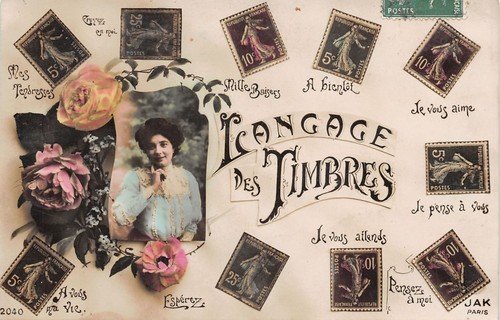 Cartolina Langage des Timbres foto di donna con fiori | Immagine principale
