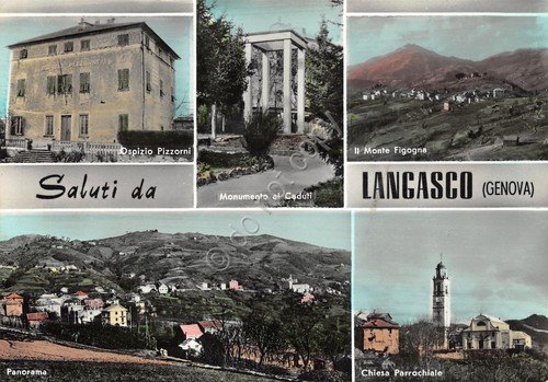 Cartolina Langasco vedute Ospizio Monumento Chiesa 1963