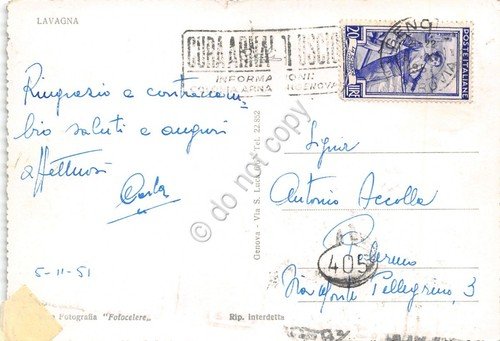 Cartolina Lavagna mareggiata Timbro Colonia Arnaldi 1951 | Immagine Gallery 2