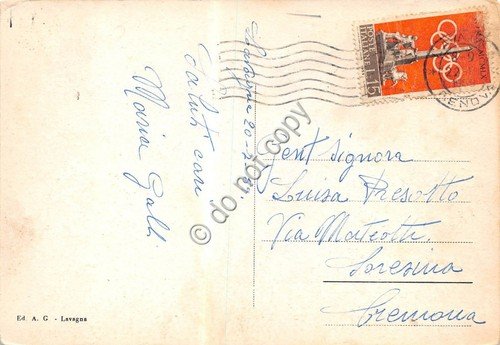 Cartolina Lavagna Vedutine barca a vela 1959 (Genova)
