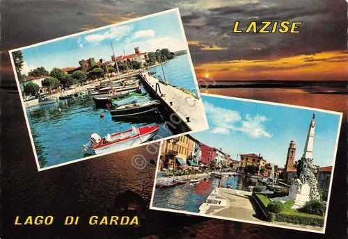 Cartolina Lazise vedute varie e tramonto (Verona)