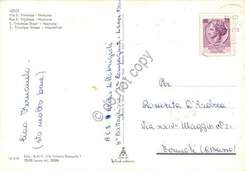 Cartolina Lecce Via San Trinchese Notturno 1969 Insegna Coca Cola