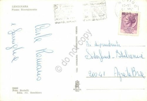 Cartolina Lendinara Piazza Risorgimento colorata auto d'epoca timbro PT 1969