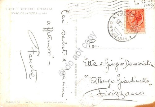 Cartolina Lerici La Spezia spiaggia barche ombrelloni animata 1956